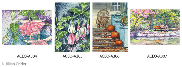 ACEO art cards by Jillian Crider 304-307 - fuchsias, fall, park